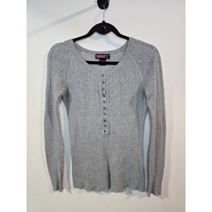 Vintage Womens Y2K Ribbed Henley Knit Top Sz L Gray‎ Preppy Flaw Bella Swann